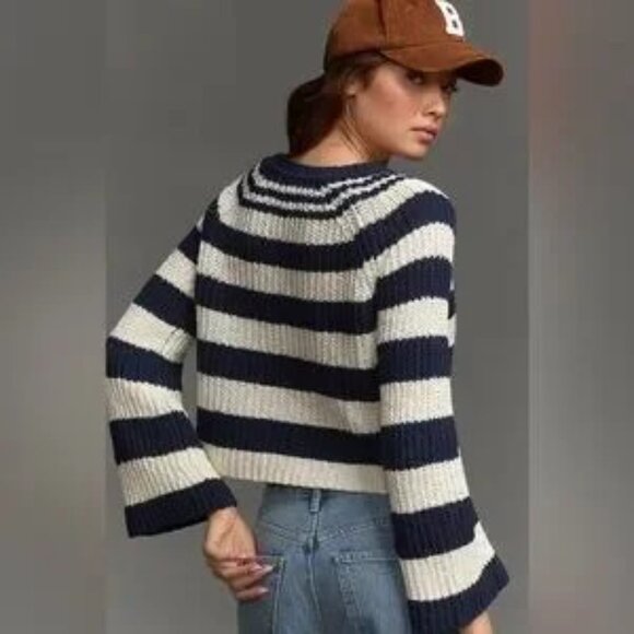 Anthropologie Pilcro Striped Nautical Bell Sleeve Henley Sweater Size Medium - Picture 2 of 9